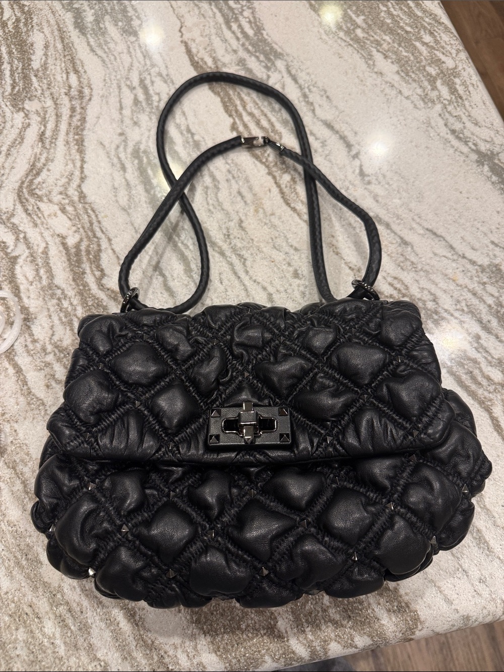 Valentino Garavani Black Floral Rosette Quilted Leather Shoulder Bag